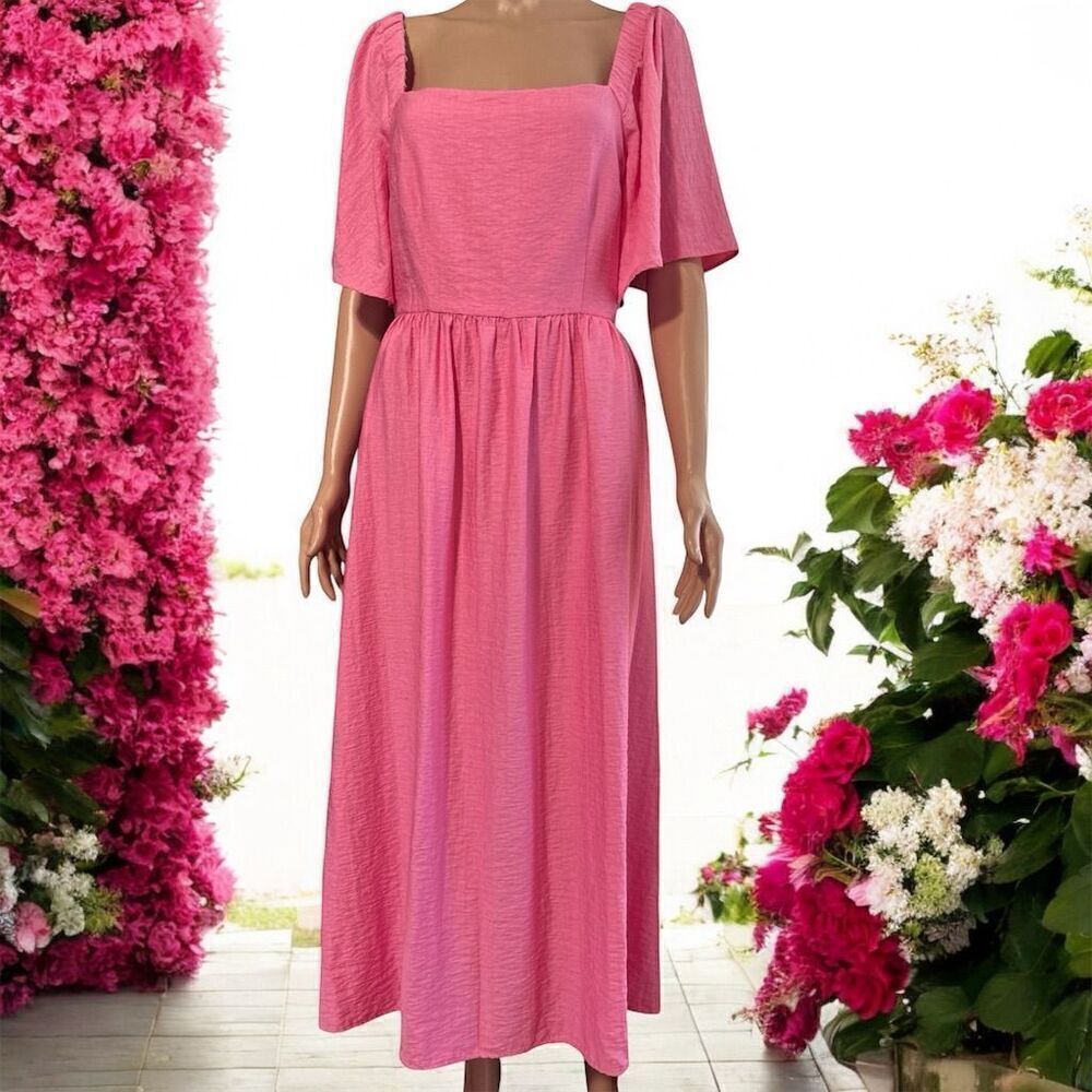 A New Day Barbie Hot Pink Midi Dress Square Neck Open Bow Back Flutter Sleeves